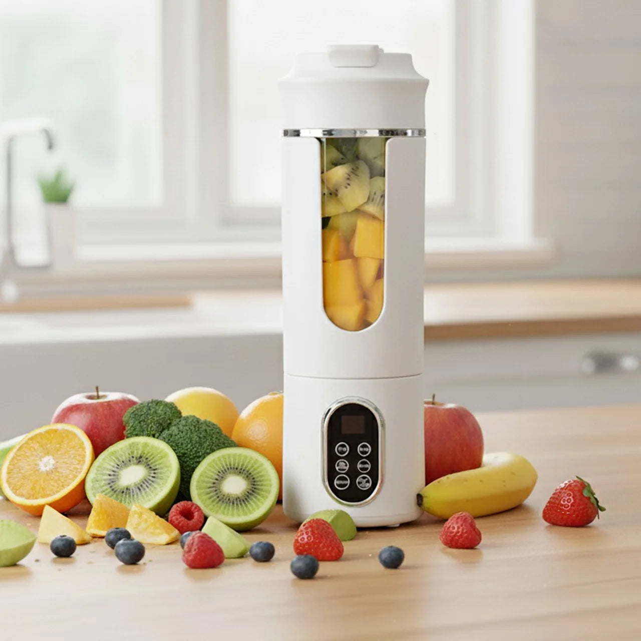White portable blender with a digital display, transparent central window, and fruit scattered on a wooden kitchen table.
