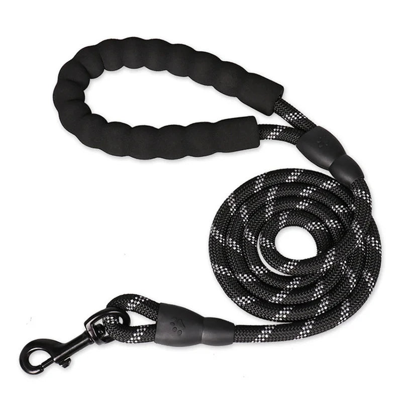 Black reflective heavy-duty rope dog lead with a comfortable, padded foam handle and a sturdy metal clip.