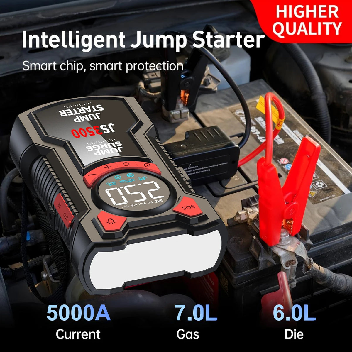 Black and red PAIVIROKU car jump starter with digital display connected to a car battery using jumper cables.