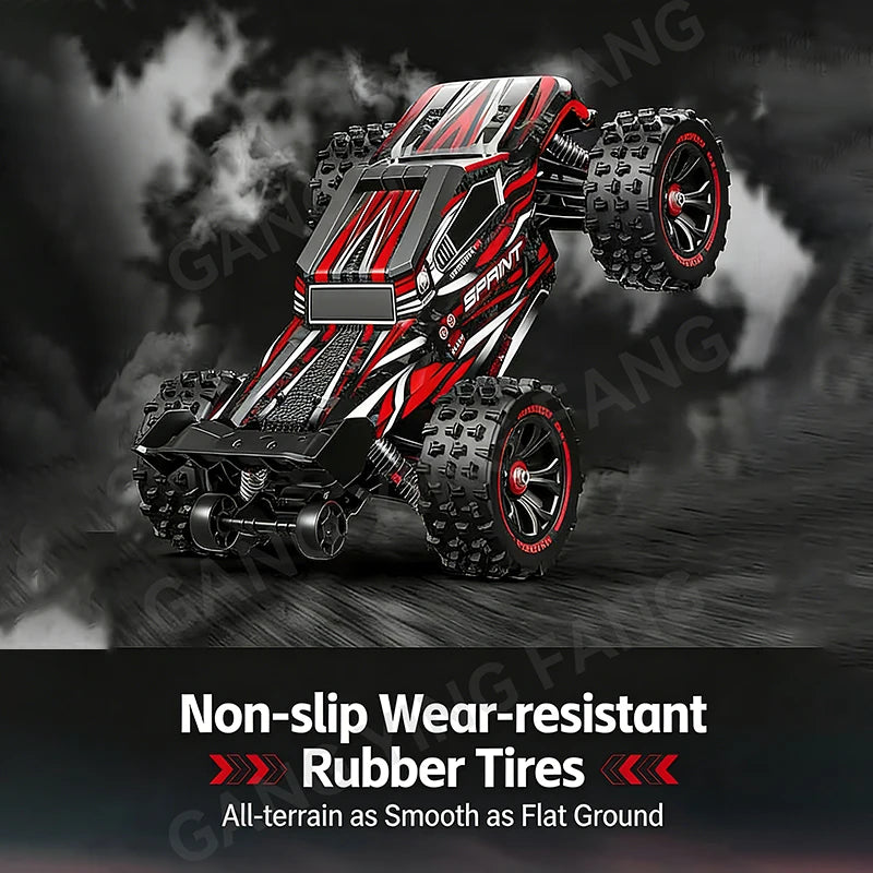 Red and black 4WD RC monster truck with rugged, knobby rubber tires doing a wheelie on a dark background.