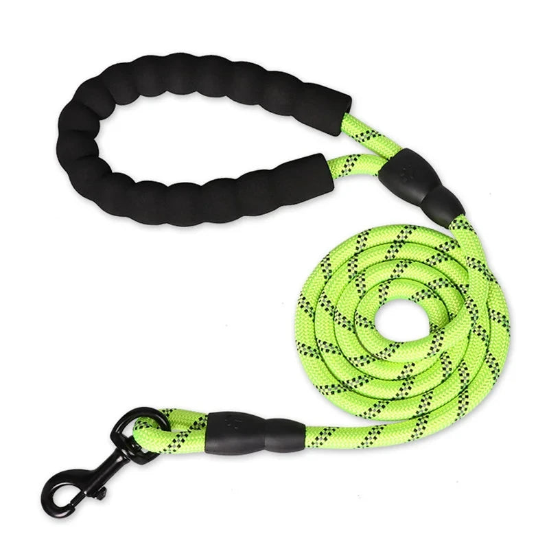 High-vis lime green reflective rope dog lead with a black, comfortable foam-padded handle and sturdy metal clip.