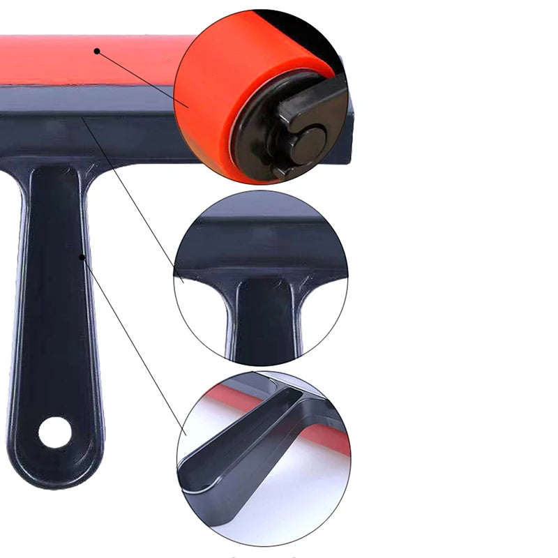 Red rubber brayer roller with a black plastic ergonomic handle and hanging hole, featuring detailed close-up views.
