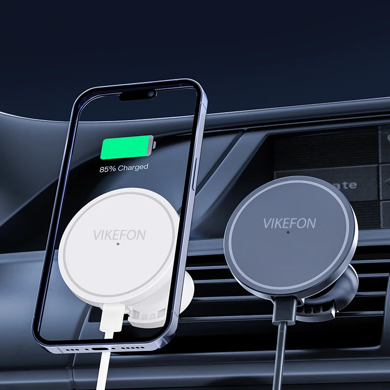Magnetic car phone mount chargers in white and black, mounted on a car air vent, with a phone charging at 85%.