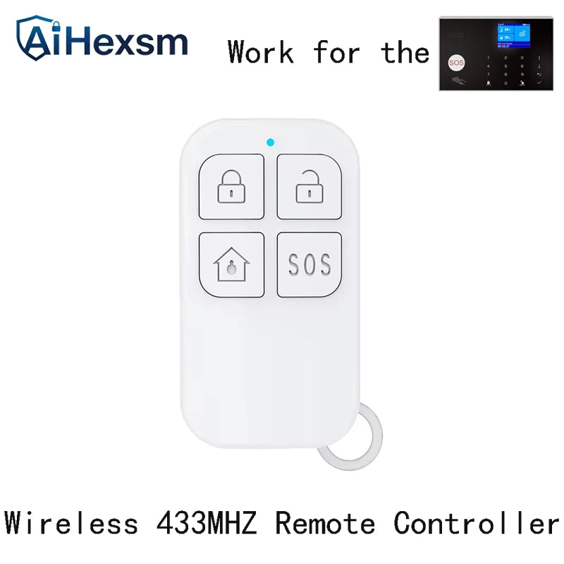 White wireless security remote with lock, unlock, home, and SOS buttons, featuring a small blue LED status light.