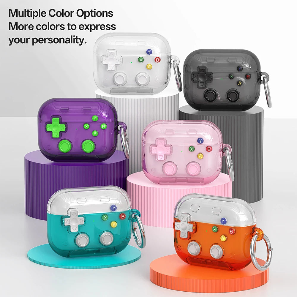 Translucent controller-style AirPods Pro cases in various colours, featuring button designs and a metal carabiner.