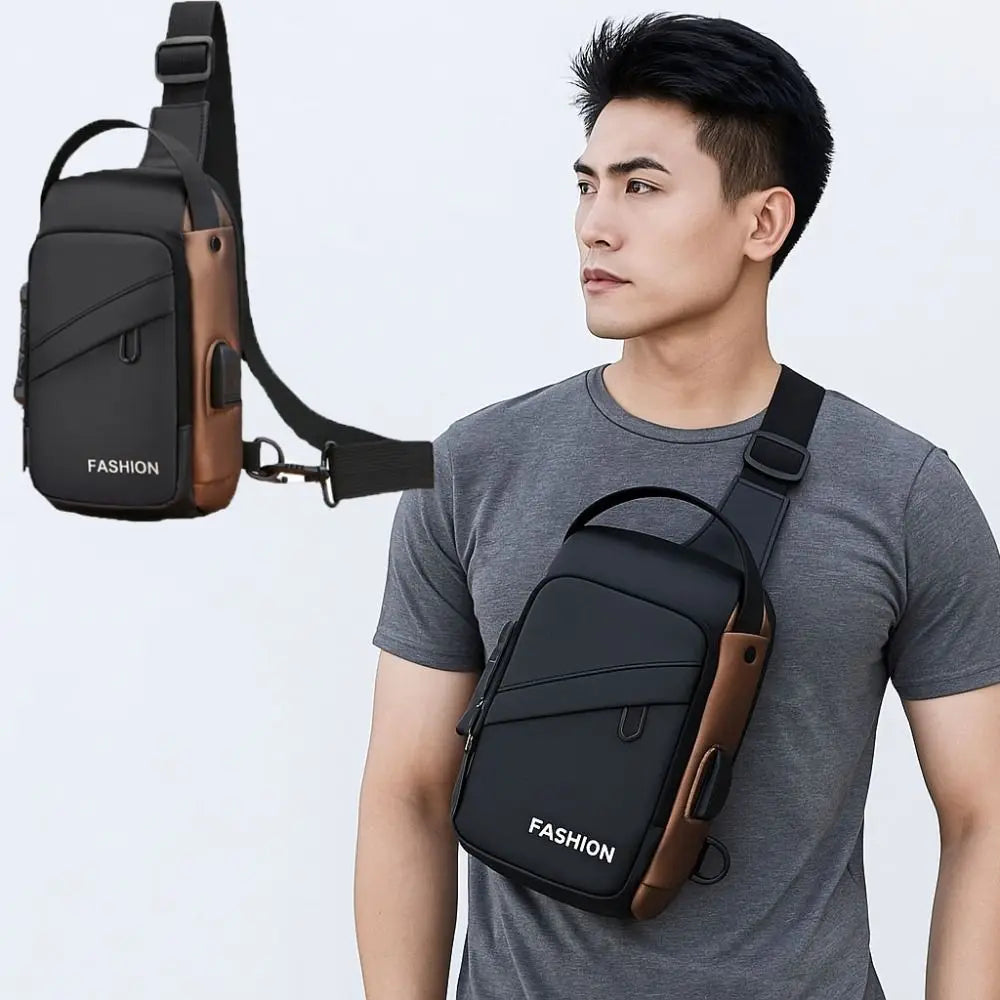 A man wearing a black and brown anti-theft crossbody chest bag with an external USB charging port.