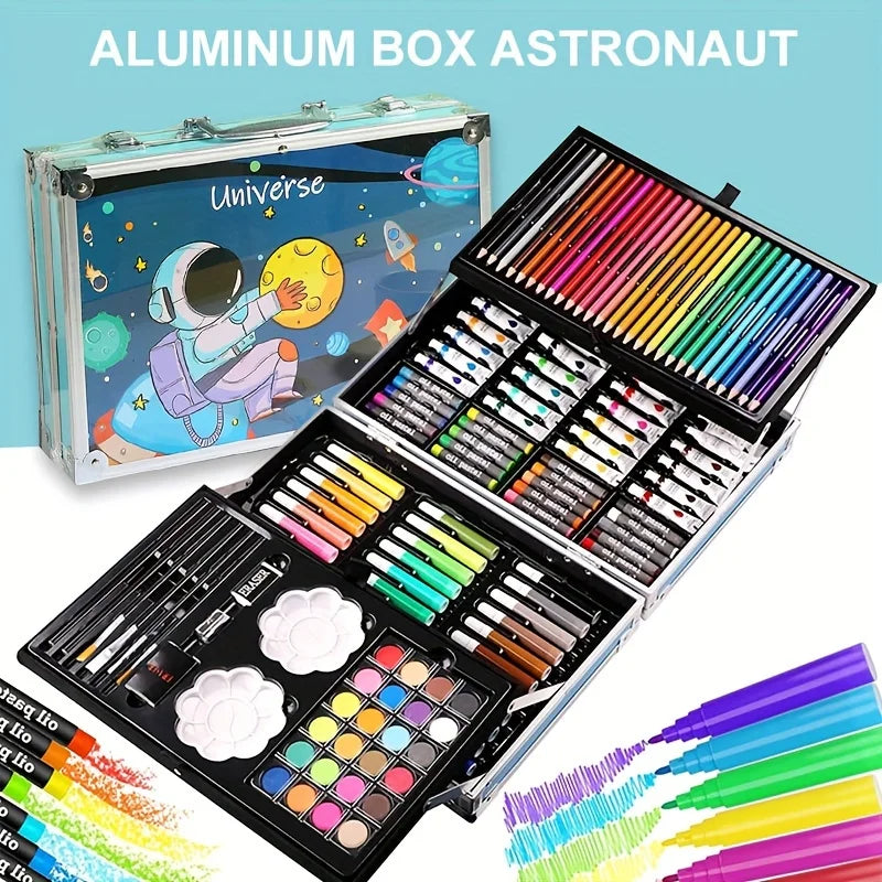 Art set in an astronaut-themed aluminum carry case, featuring multi-tiered trays of coloured pencils, paints, and pens.