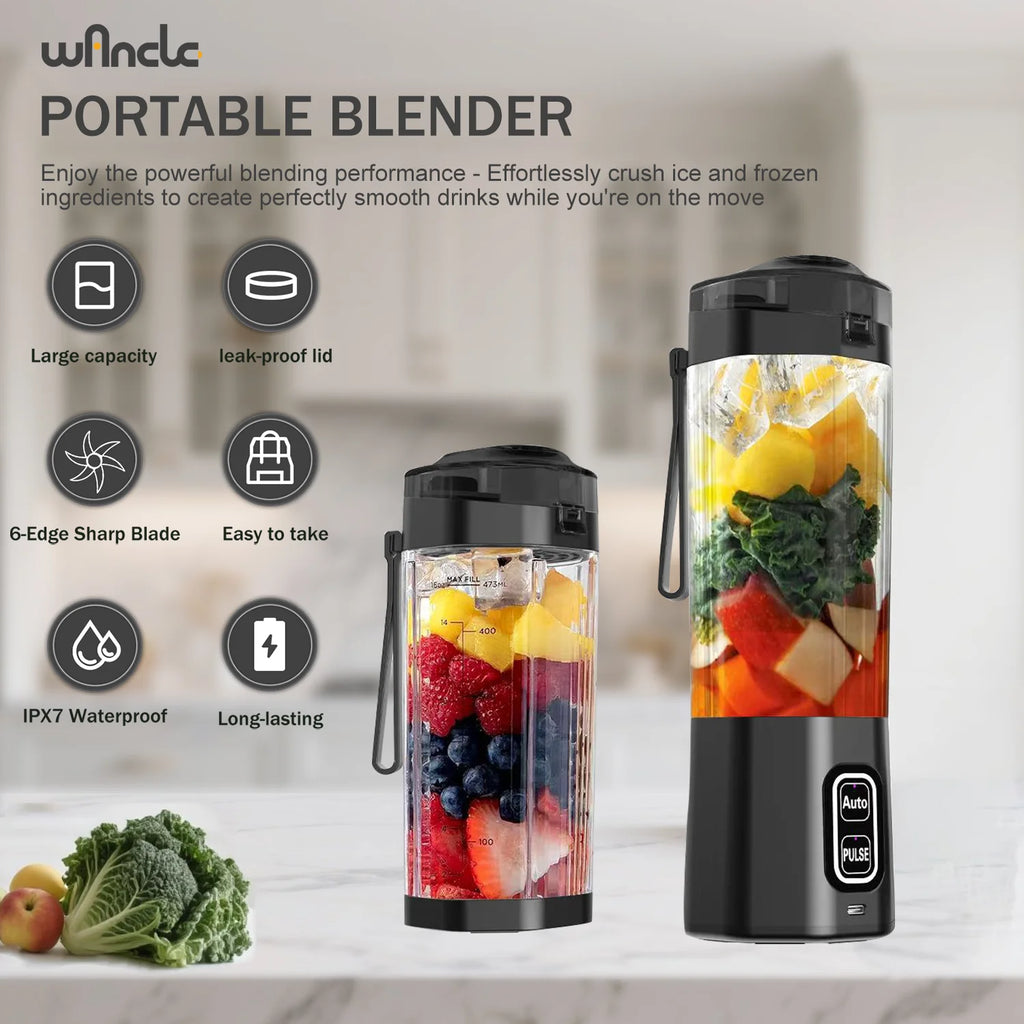 Two black portable blenders filled with fresh fruit and vegetables against a kitchen background.