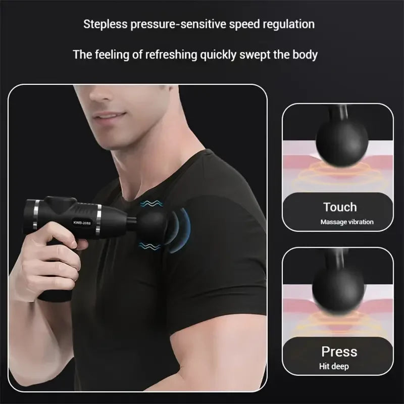Black mini massage gun used on a man's shoulder, with diagrams showing touch and press vibration depth.