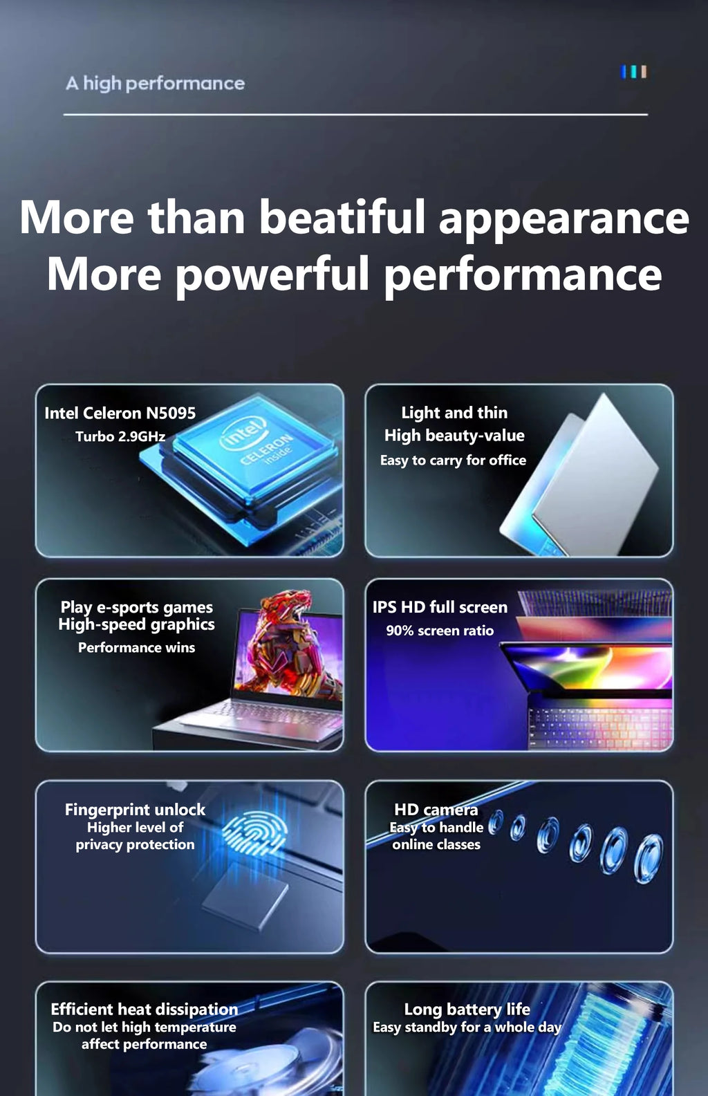 Sleek silver 15.6-inch laptop showing IPS screen, fingerprint unlock, HD camera, and efficient cooling performance.