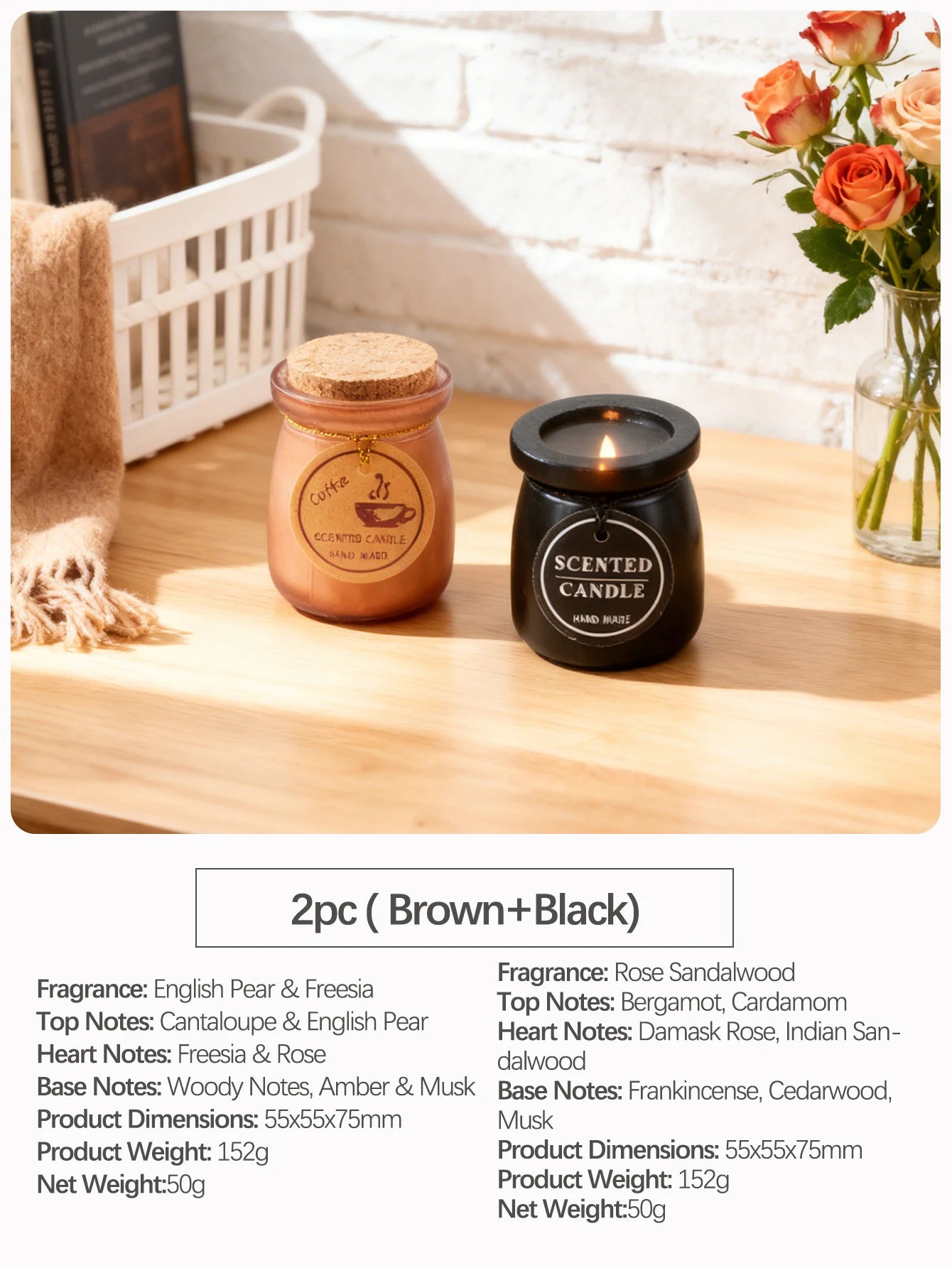 Two scented candles in glass jars: one copper-brown with a cork lid, one matte black, both with round labels.