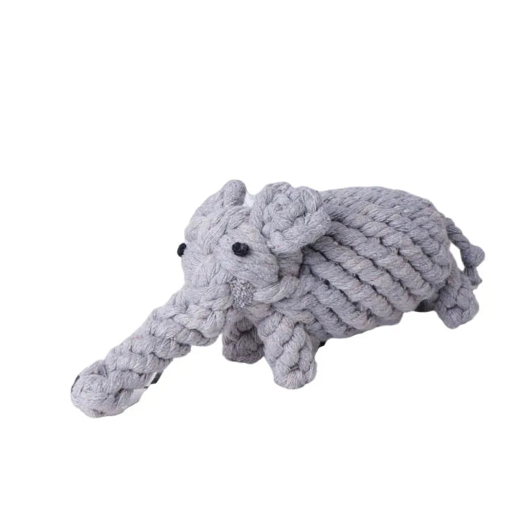 Grey elephant-shaped dog toy made from durable woven cotton rope for interactive play and teeth cleaning.