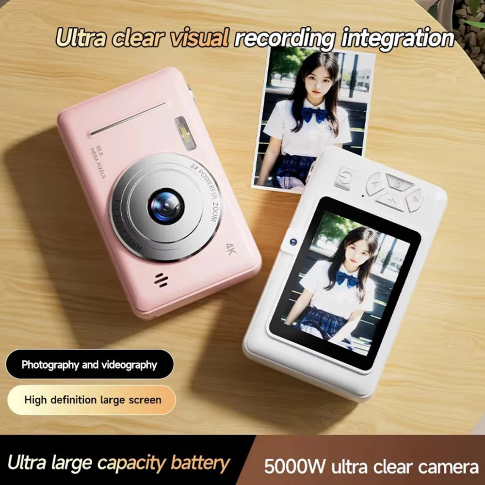 Pink and white digital camera with a screen on the back, a 50MP lens, 8x zoom, and a photo print feature.
