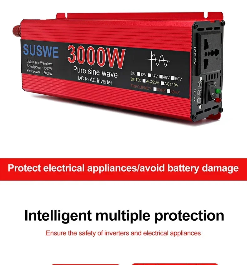 Red 3000W pure sine wave DC to AC car power inverter with integrated socket, digital display, and safety features.