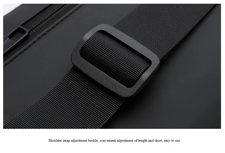 Close-up of a durable black adjustable strap buckle on a sleek anti-theft chest bag.