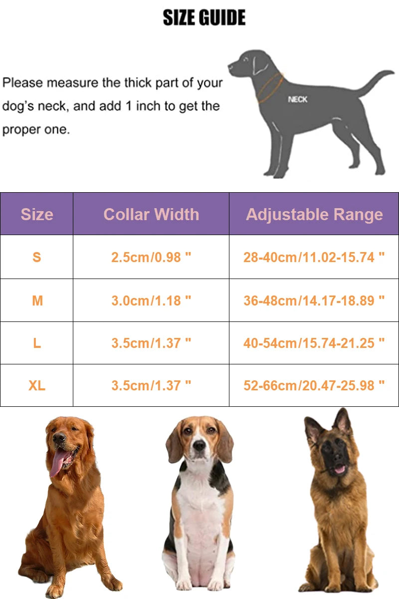 Size guide for braided leather dog collars showing width and adjustable length measurements for small to extra-large dogs.