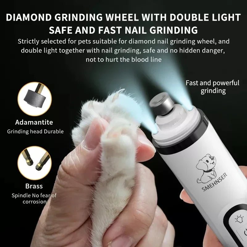 White electric pet nail grinder with a diamond grinding wheel and built-in LED lights for safe, visible grooming.