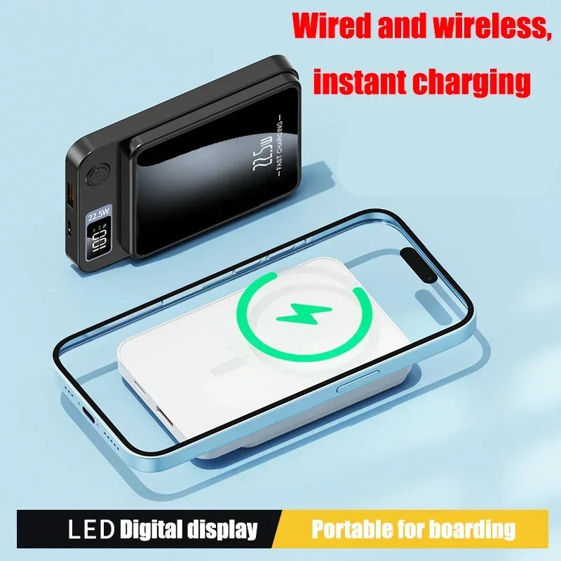 Black magnetic wireless power bank with digital LED display, shown charging a smartphone.