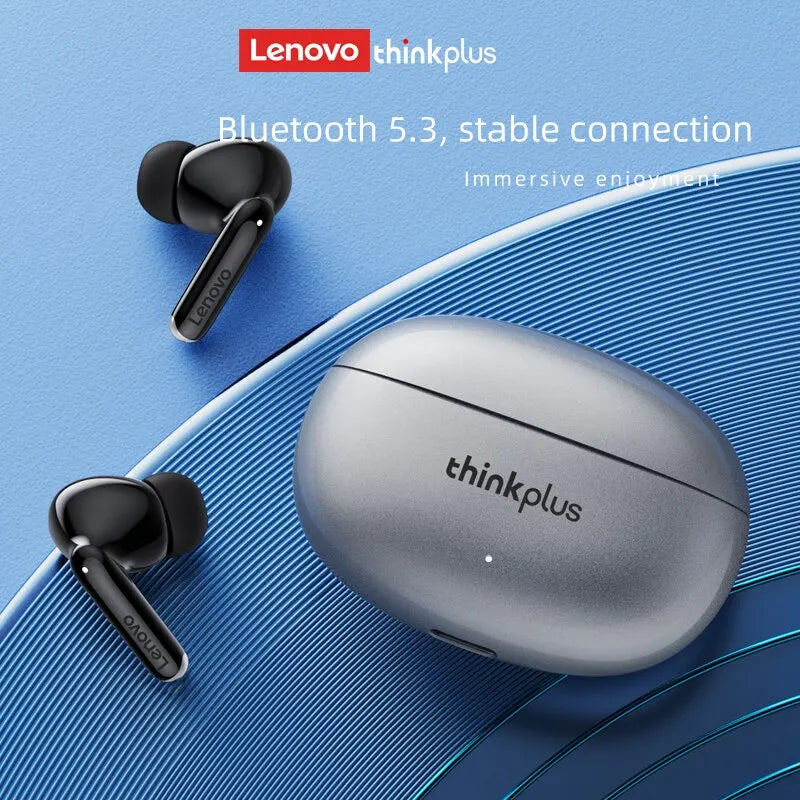 Black wireless earbuds with a metallic silver charging case on a blue textured background.