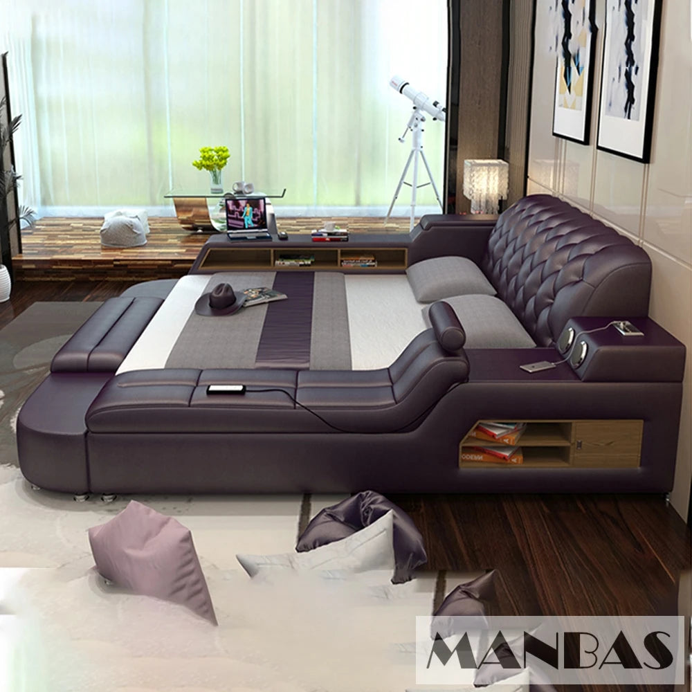 Luxury purple tufted upholstered platform bed with integrated side storage, built-in speakers, and LED lighting.