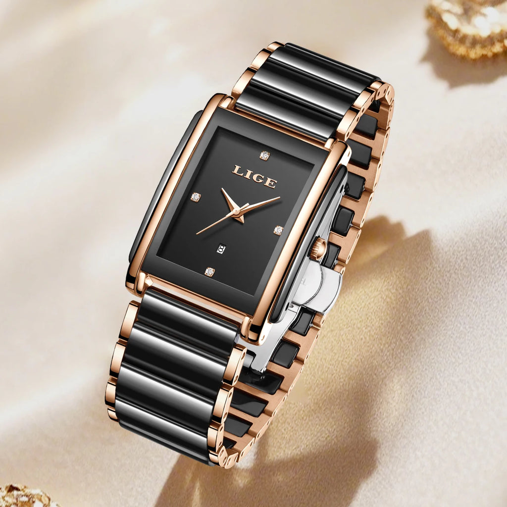 LIGE rectangular women's watch with black dial, rose gold hands, crystal markers, and black-and-gold ceramic strap.