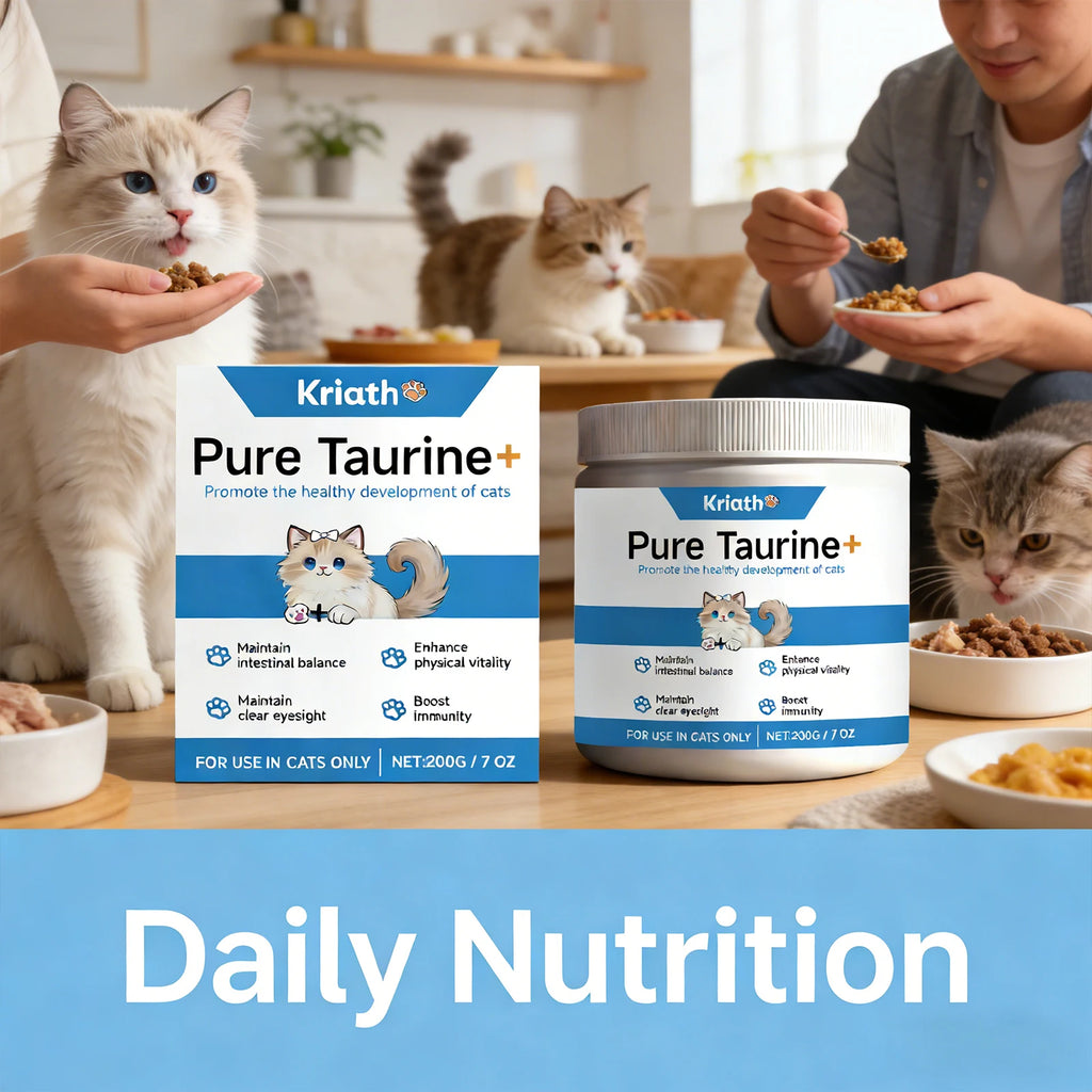 Pure Taurine cat supplement powder in white and blue tub and box, promoting feline health, immunity, and vitality.