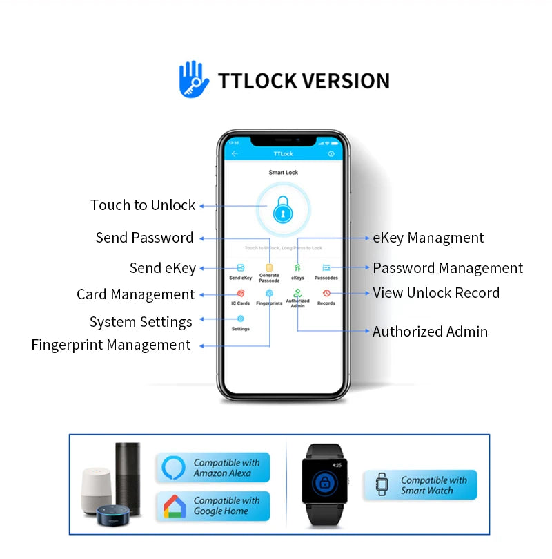 Smartphone displaying the TTLock app interface with security features and smart home device compatibility icons.
