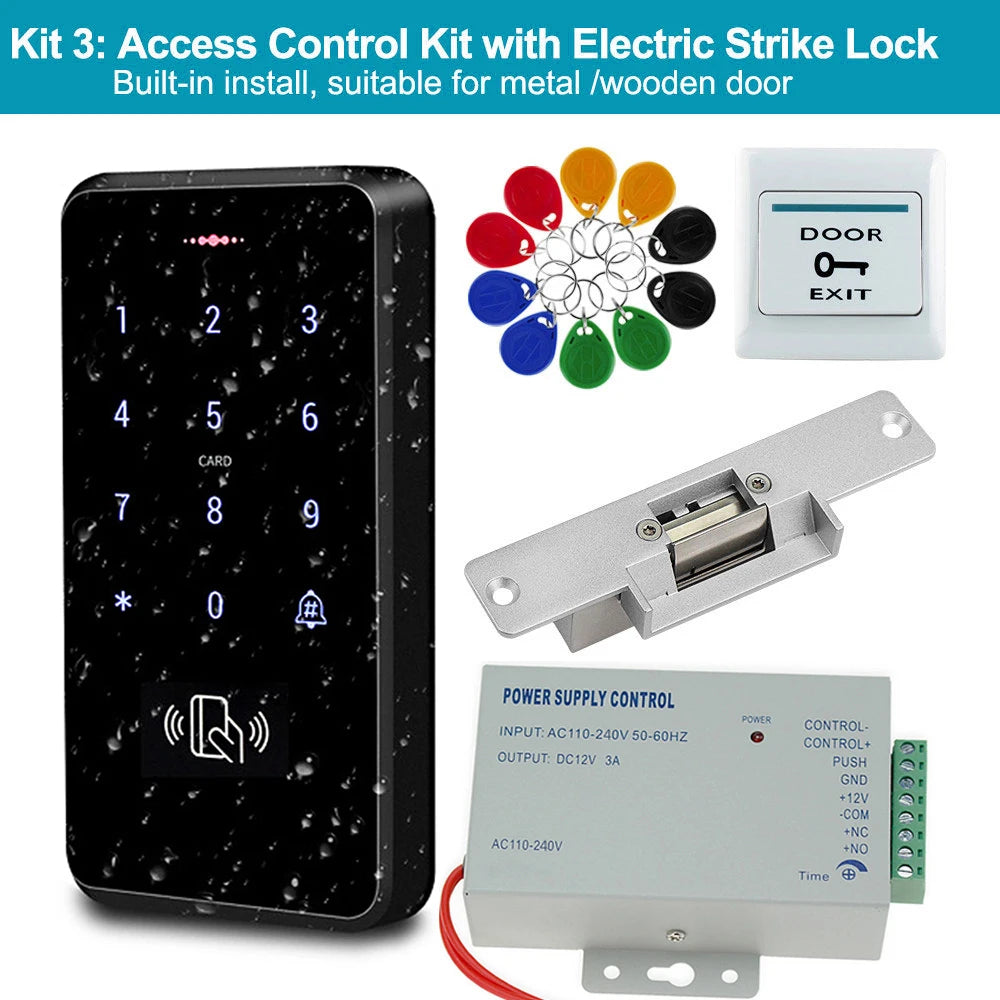 Access control kit with black digital keypad, metal electric strike lock, exit button, power supply, and key fobs.