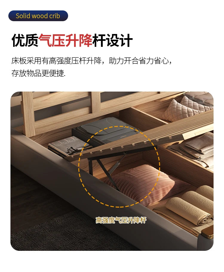 Minimalist light oak bed frame with an easy-lift gas hydraulic mechanism revealing under-bed storage compartments.