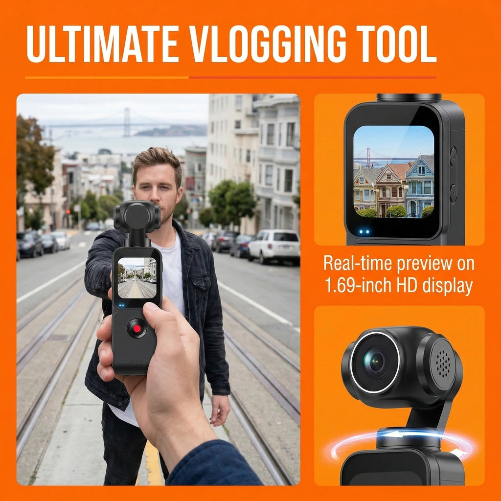 A compact black 4K vlogging camcorder with a rotating stabilised lens and a 1.69-inch real-time preview HD screen.