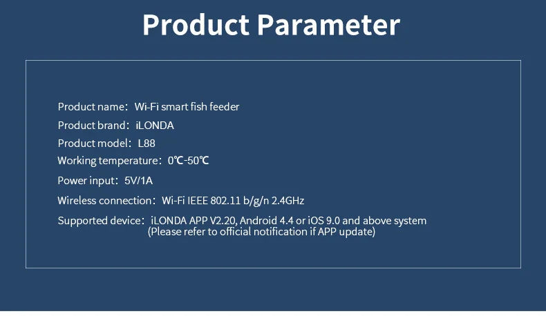 Product specification table for a Wi-Fi smart fish feeder on a dark blue background with white text.