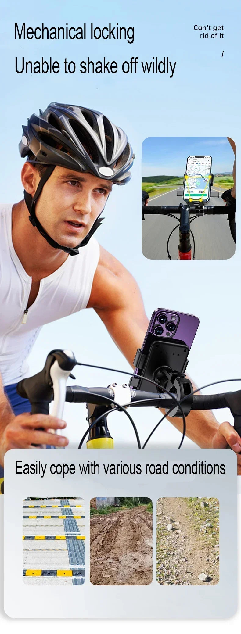 Black mechanical phone mount securely attached to bicycle handlebars for stable navigation on rough roads.