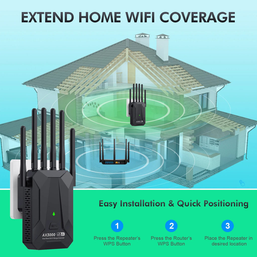 Black WiFi 6 dual-band range extender with four antennas shown installed in a house to improve wireless coverage.