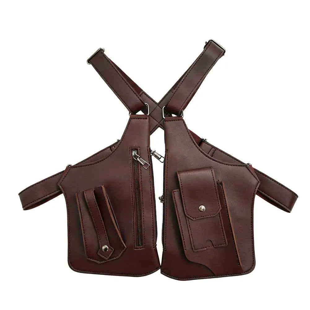 Dark brown faux leather tactical shoulder holster bag with multiple zipped and press-stud storage pockets.