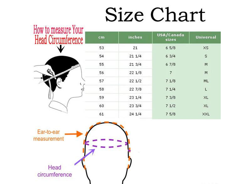 Size chart for men's hat showing how to measure head circumference for correct sizing, from sizes XS to XXL.
