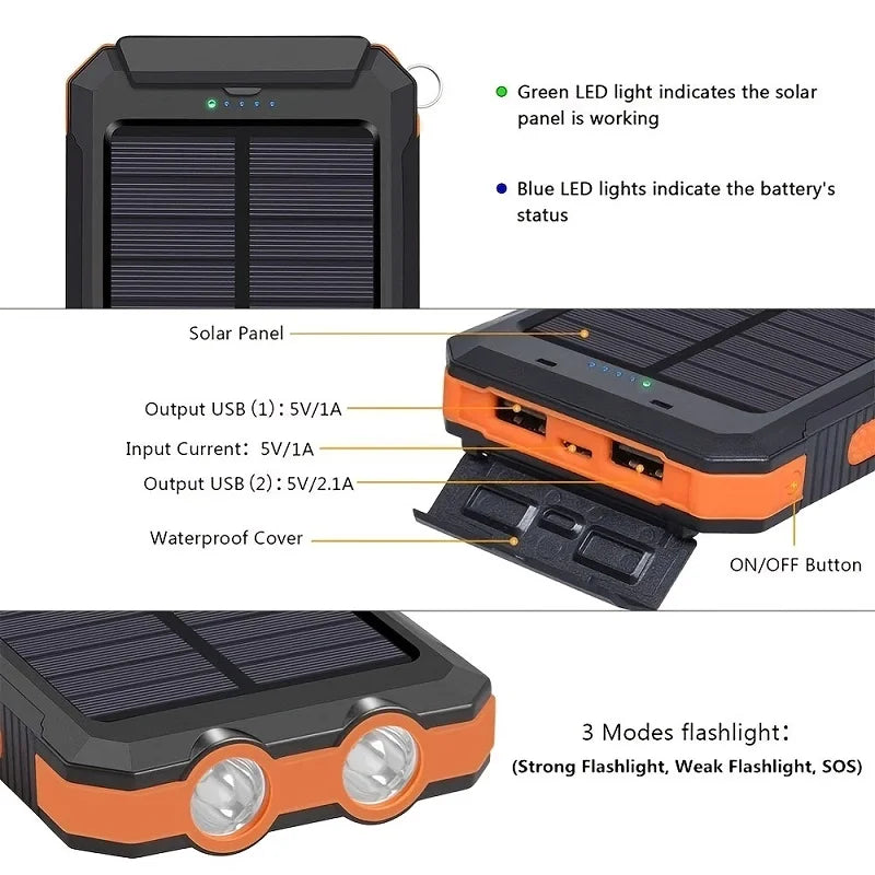 Rugged black and orange solar power bank with dual USB ports, LED indicators, waterproof cover, and torch.