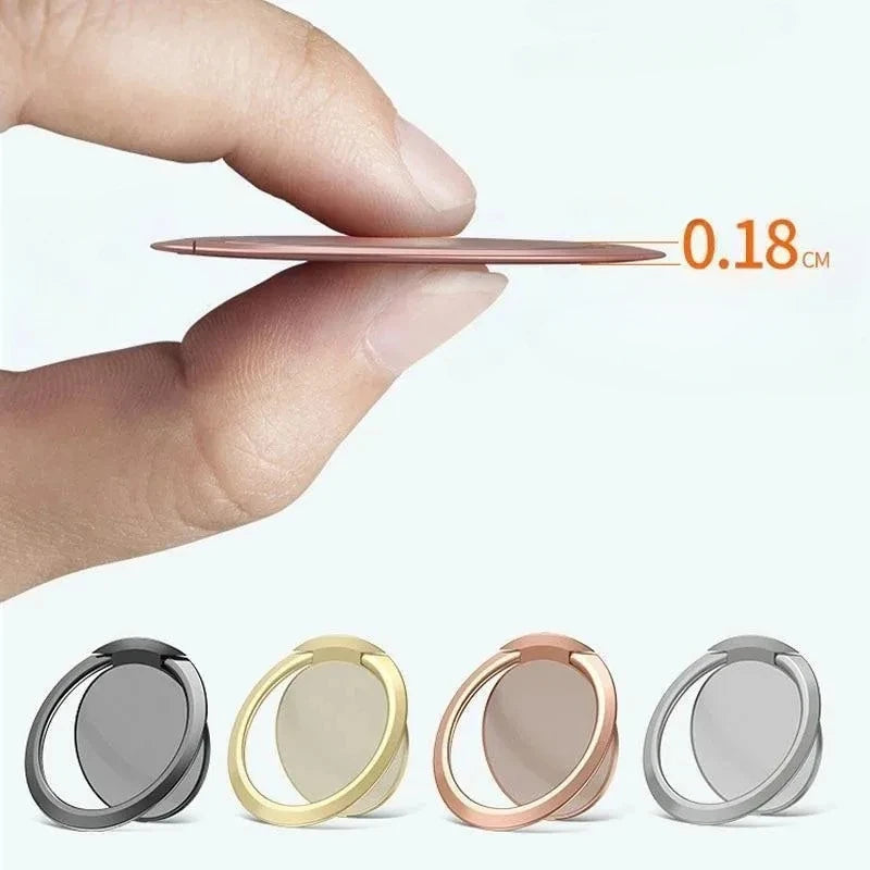 A hand holds an ultra-thin 0.18cm metal phone ring holder, shown in black, gold, rose gold, and silver finishes.