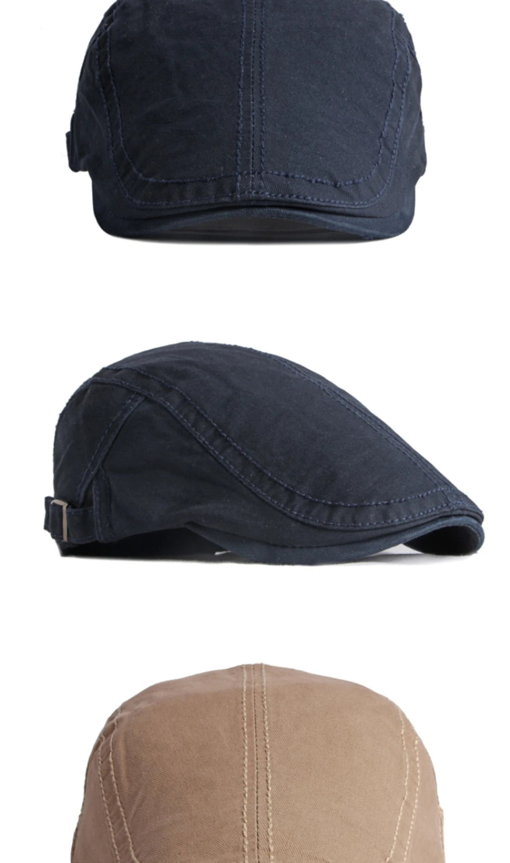 Unisex cotton flat caps shown in navy and beige, featuring structured stitched panels and adjustable side buckles.