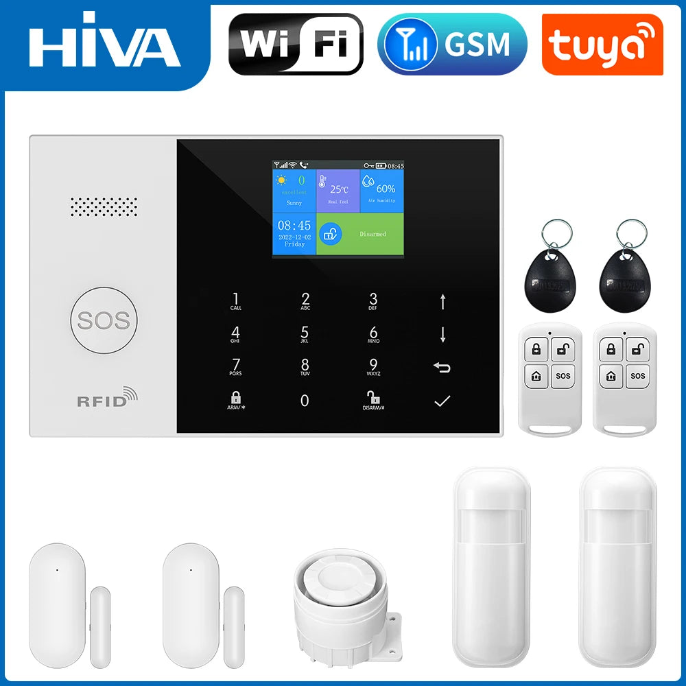 Wireless smart home alarm kit with white wall-mounted touchscreen console, motion sensors, remotes, and RFID tags.
