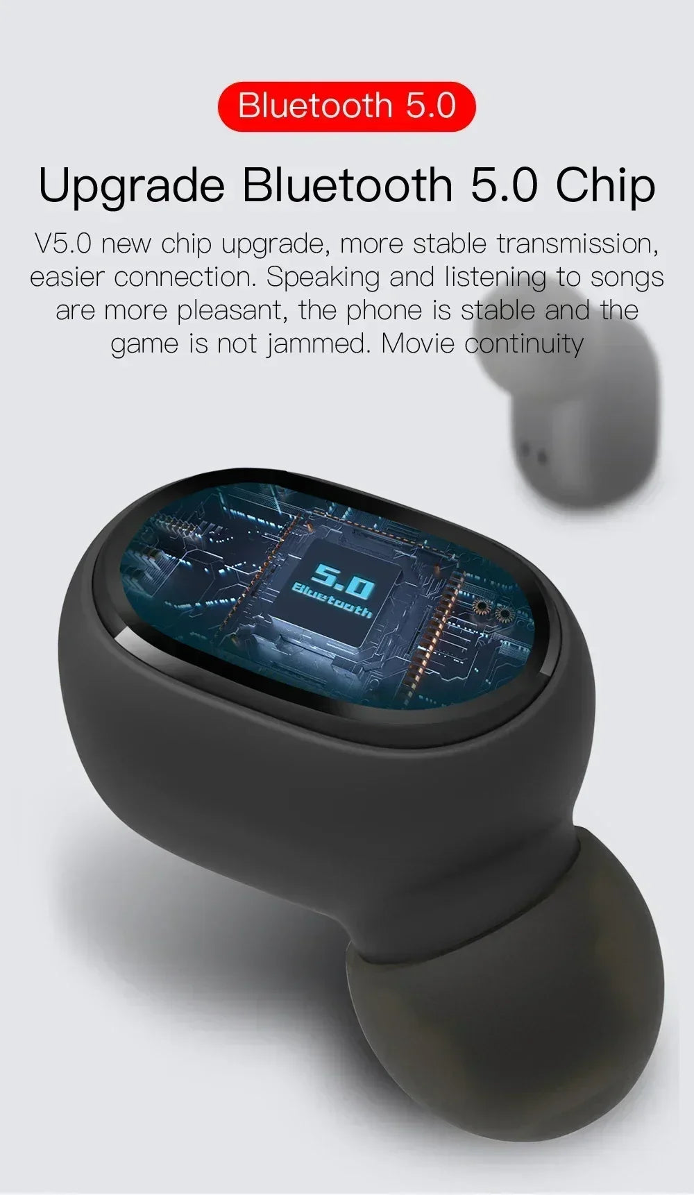 Matte black wireless earbud with a digital chip display graphic and silicone tip. Text highlights Bluetooth 5.0.