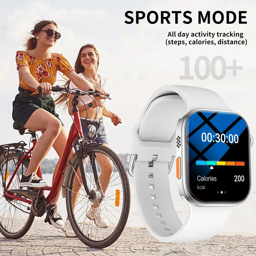 White multi-sport smartwatch with a sleek square screen, featuring activity tracking for steps, calories and distance.