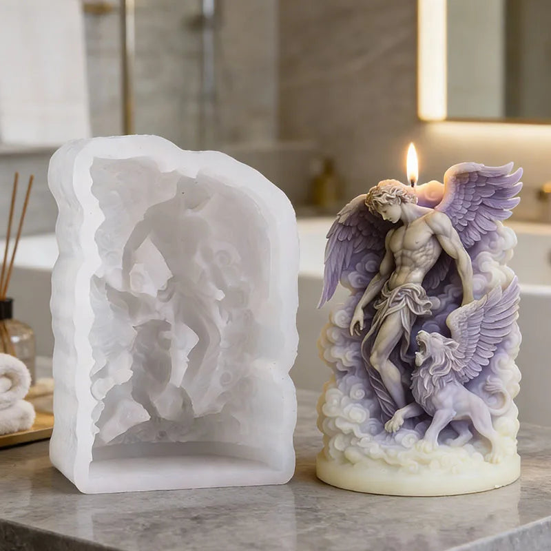 White silicone candle mould next to a finished lavender-toned candle featuring an angel and lion design.