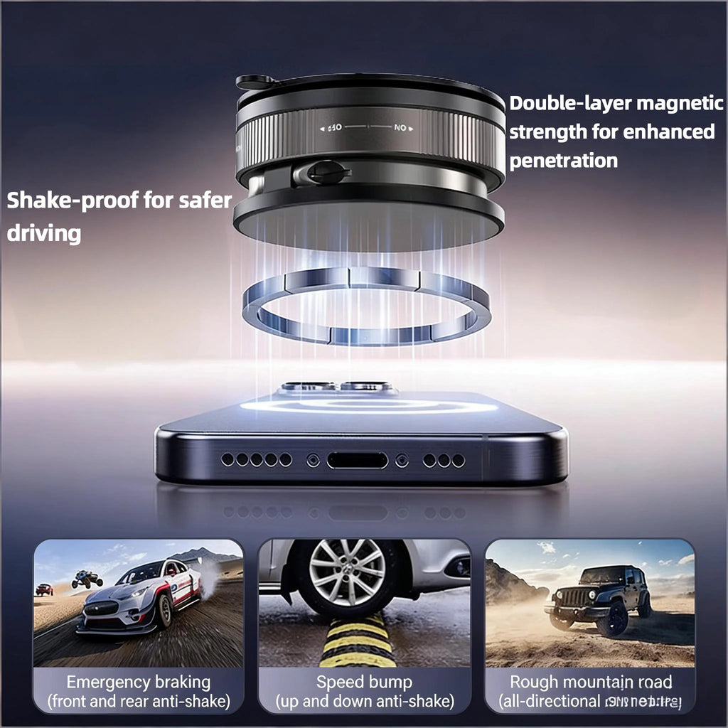 Black cylindrical magnetic car phone mount with silver ring connecting to a smartphone. Three driving context images.