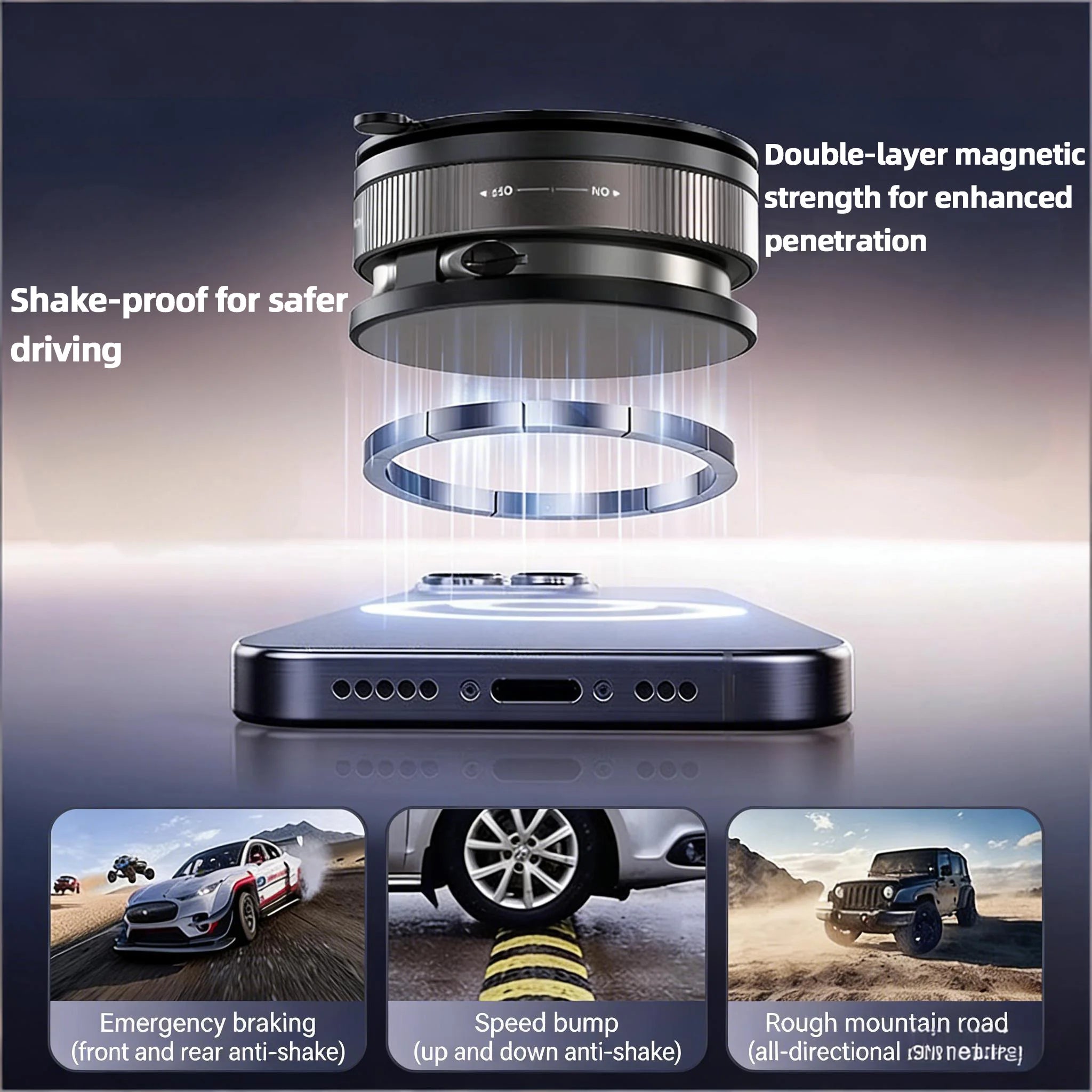 Black cylindrical magnetic car phone mount with silver ring connecting to a smartphone. Three driving context images.