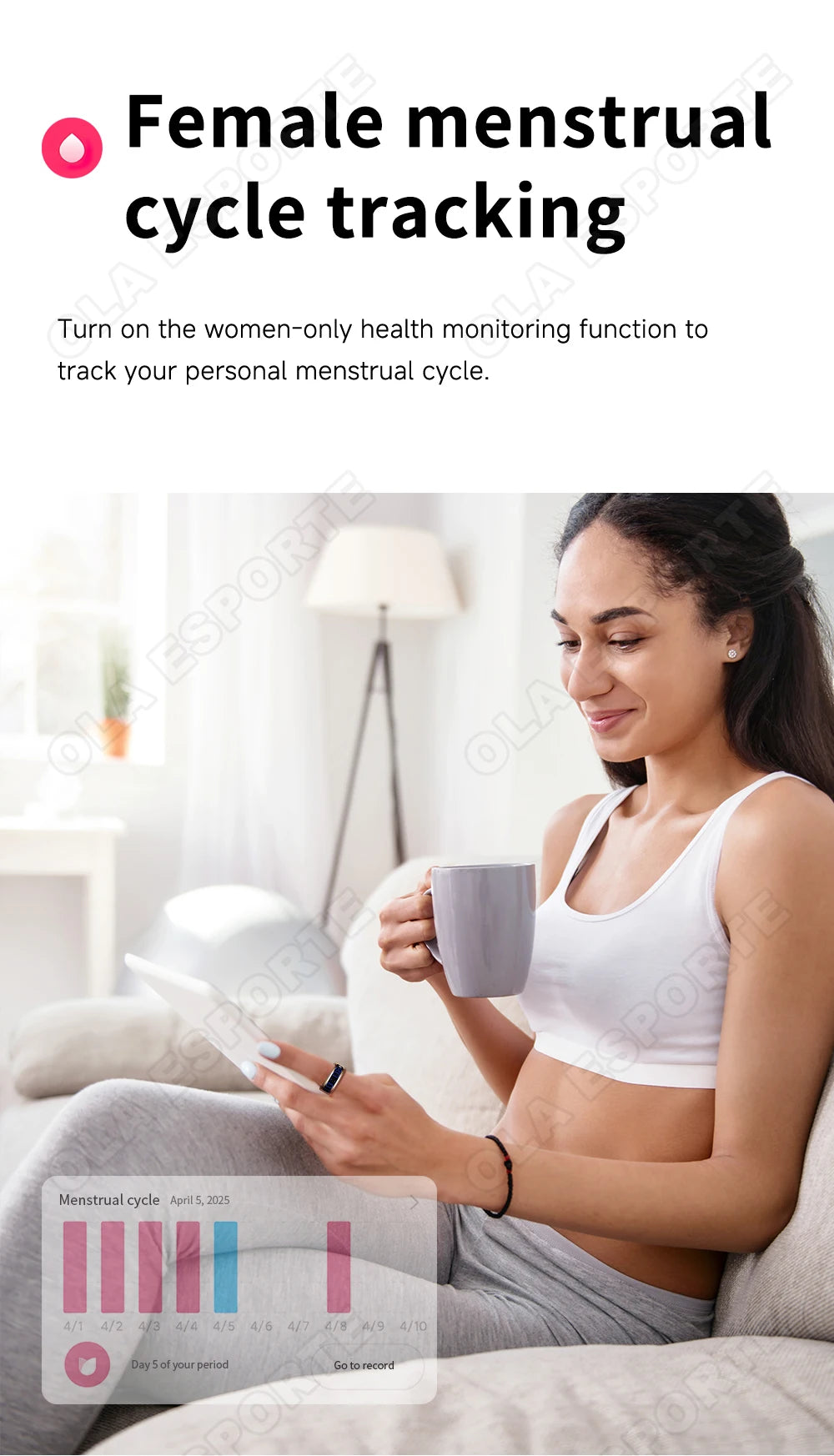 A woman holding a mug and tablet, wearing a sleek black smart ring with health tracking for menstrual cycle monitoring.