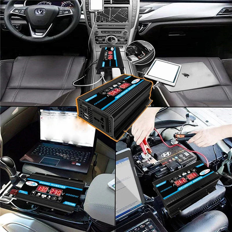 Black 4000W car power inverter with blue accents, digital display, dual USB ports, and AC sockets for charging devices.
