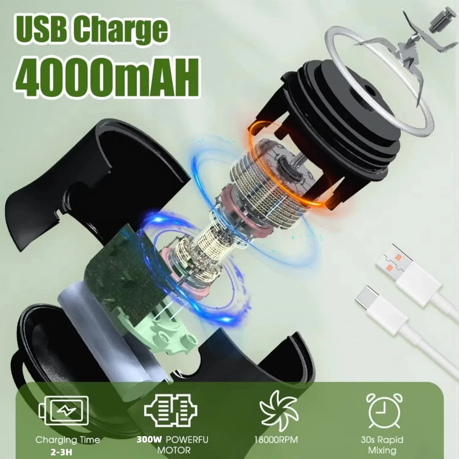 Exploded view of a black USB-rechargeable portable blender showing its motor, battery, and stainless steel blades.