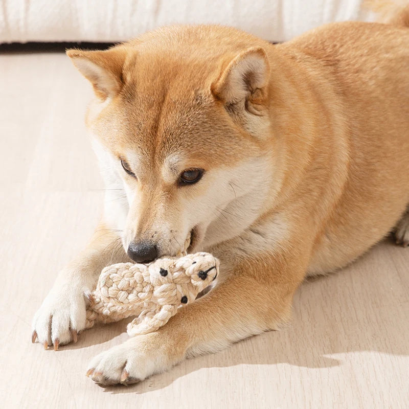 A Shiba Inu dog plays on a light floor with a beige, cartoon-style animal toy made of durable woven cotton rope.