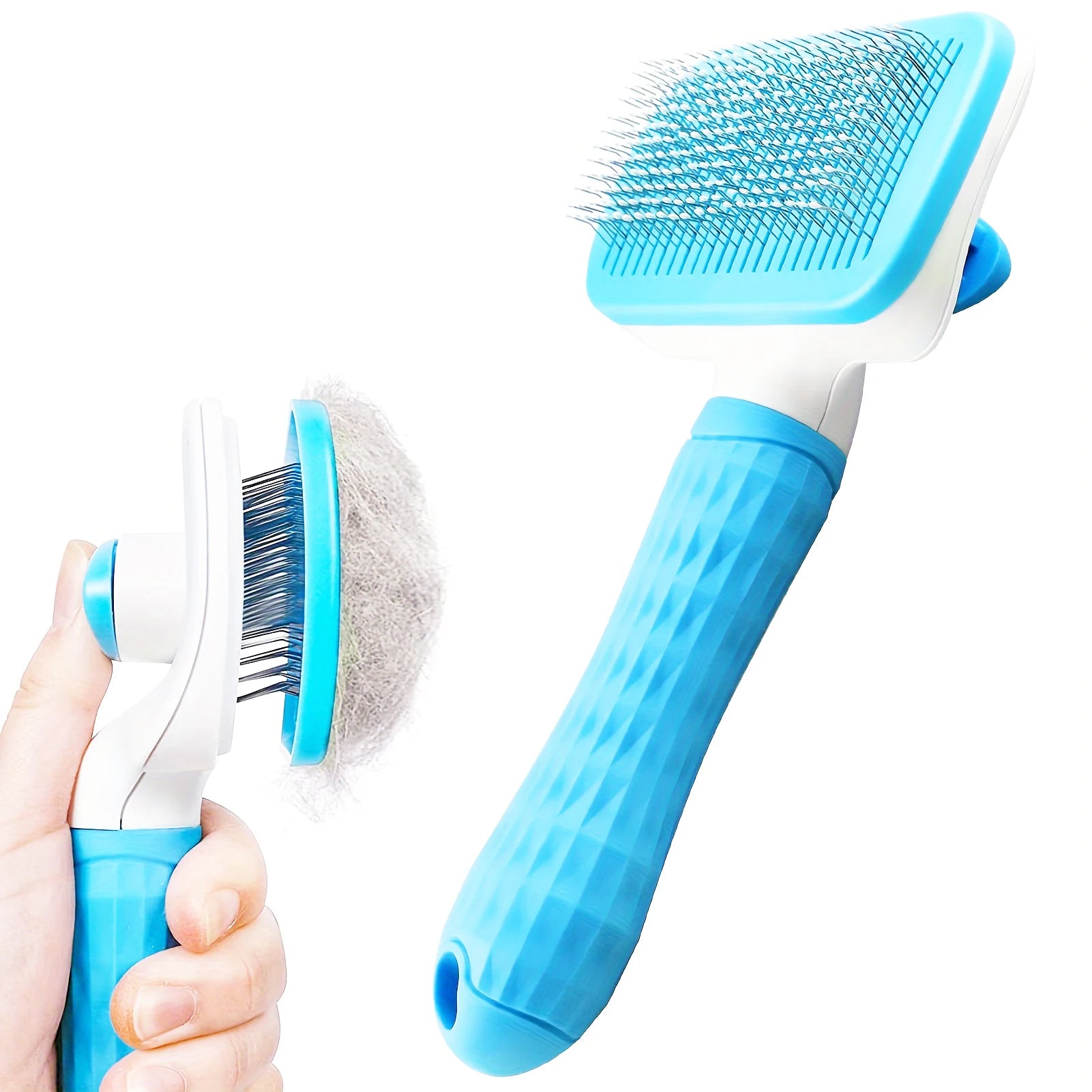 A blue and white self-cleaning pet slicker brush with a textured handle and gathered fur on the bristles.