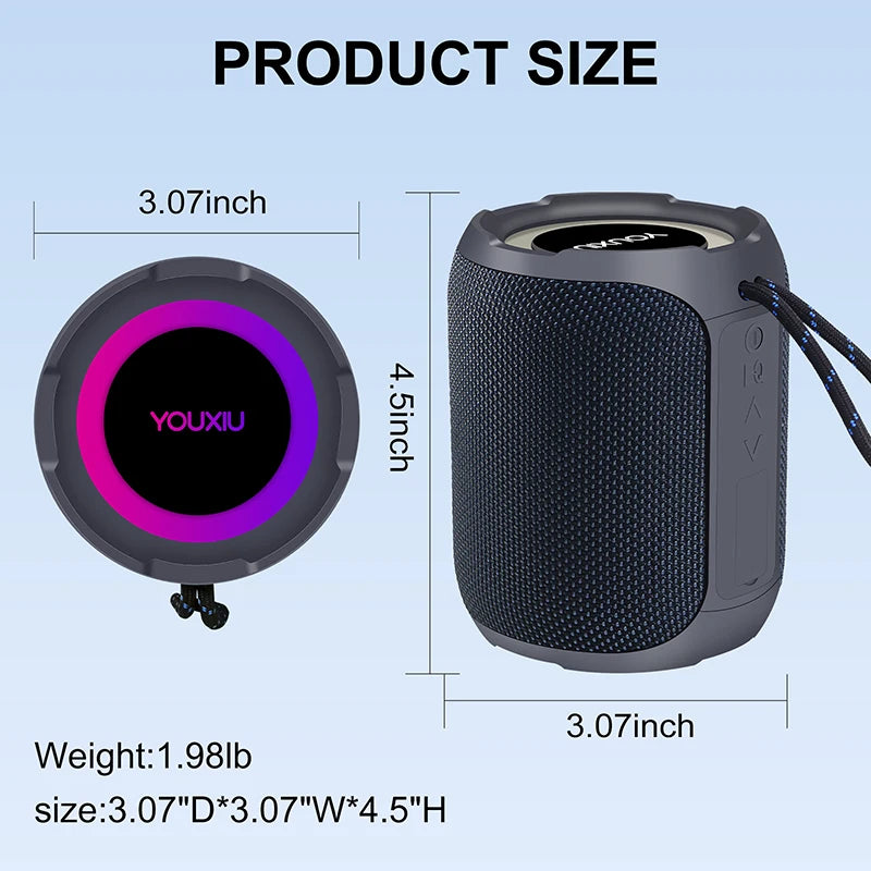Grey portable Bluetooth speaker showing dimensions: 3.07" wide by 4.5" high with a colourful glowing circular light.